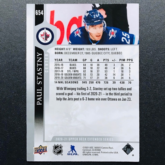 Paul Stastny - 2020-21 Upper Deck #654 - Picture 2 of 2